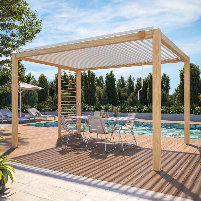 Pérgola bioclimática autoportante de aluminio blanco de 3 x 4 m con decoración de madera y 1, 2 ó 3 pantallas