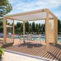 Pérgola bioclimática autoportante de aluminio blanco de 3 x 4 m con decoración de madera y 1, 2 ó 3 pantallas