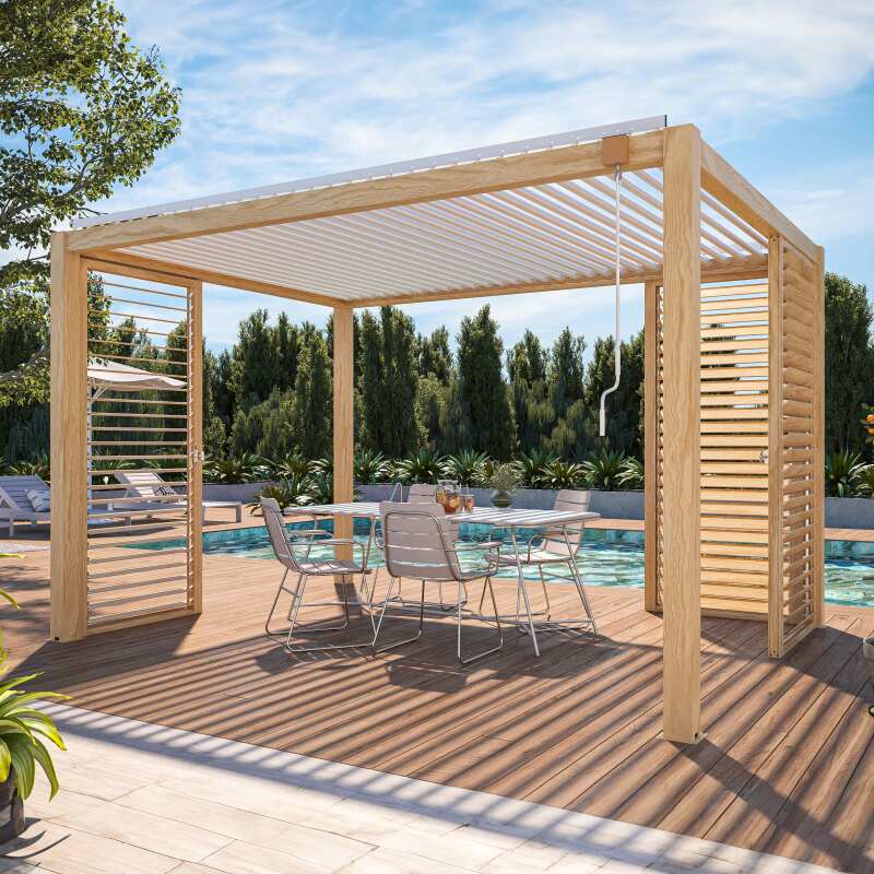Pérgola bioclimática autoportante de aluminio blanco de 3 x 4 m con decoración de madera y 1, 2 ó 3 pantallas