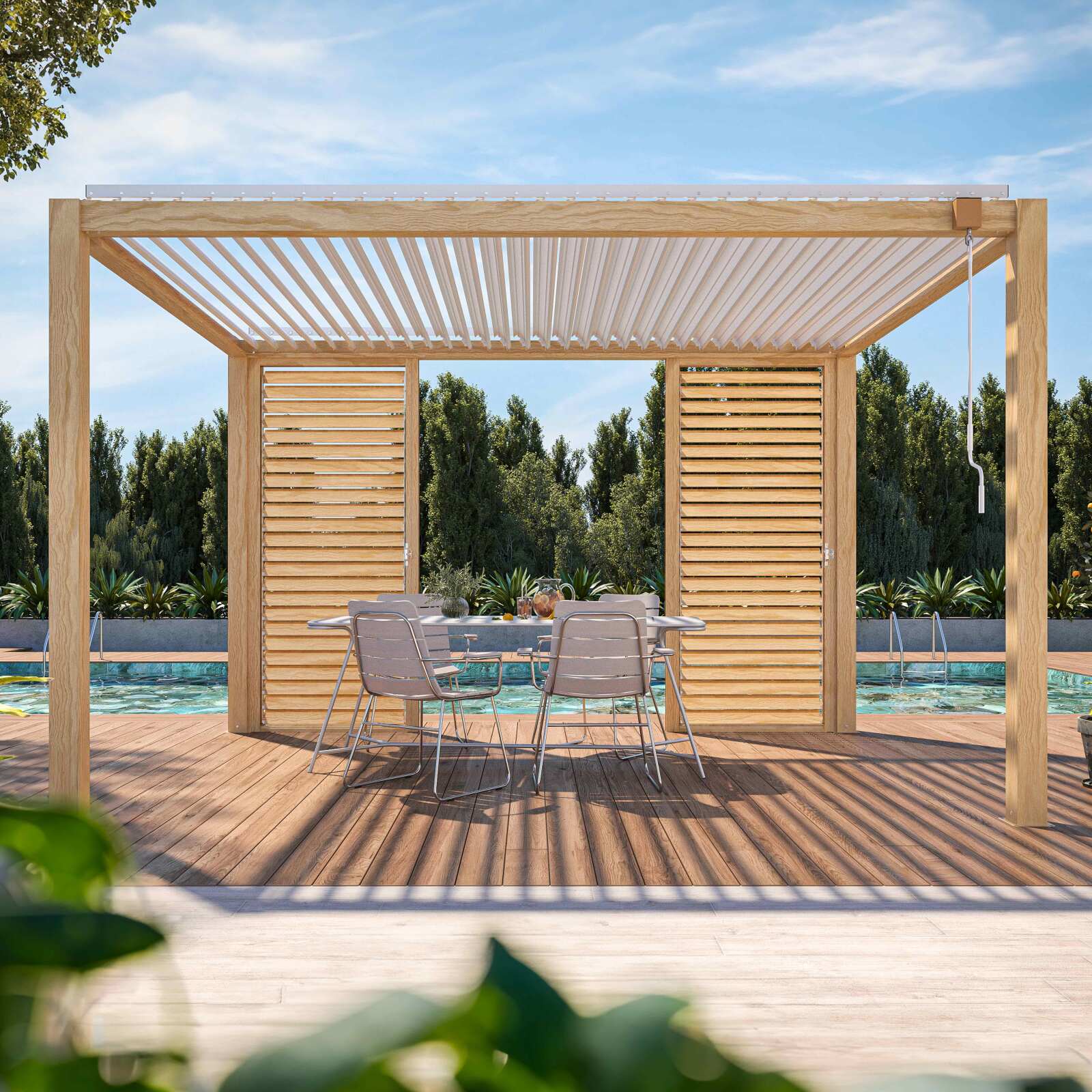 Pérgola bioclimática autoportante de aluminio blanco de 3 x 4 m con decoración de madera y 1, 2 ó 3 pantallas