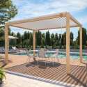 Pérgola bioclimática autoportante de aluminio blanco de 3 x 4 m con decoración de madera y 1, 2 ó 3 pantallas