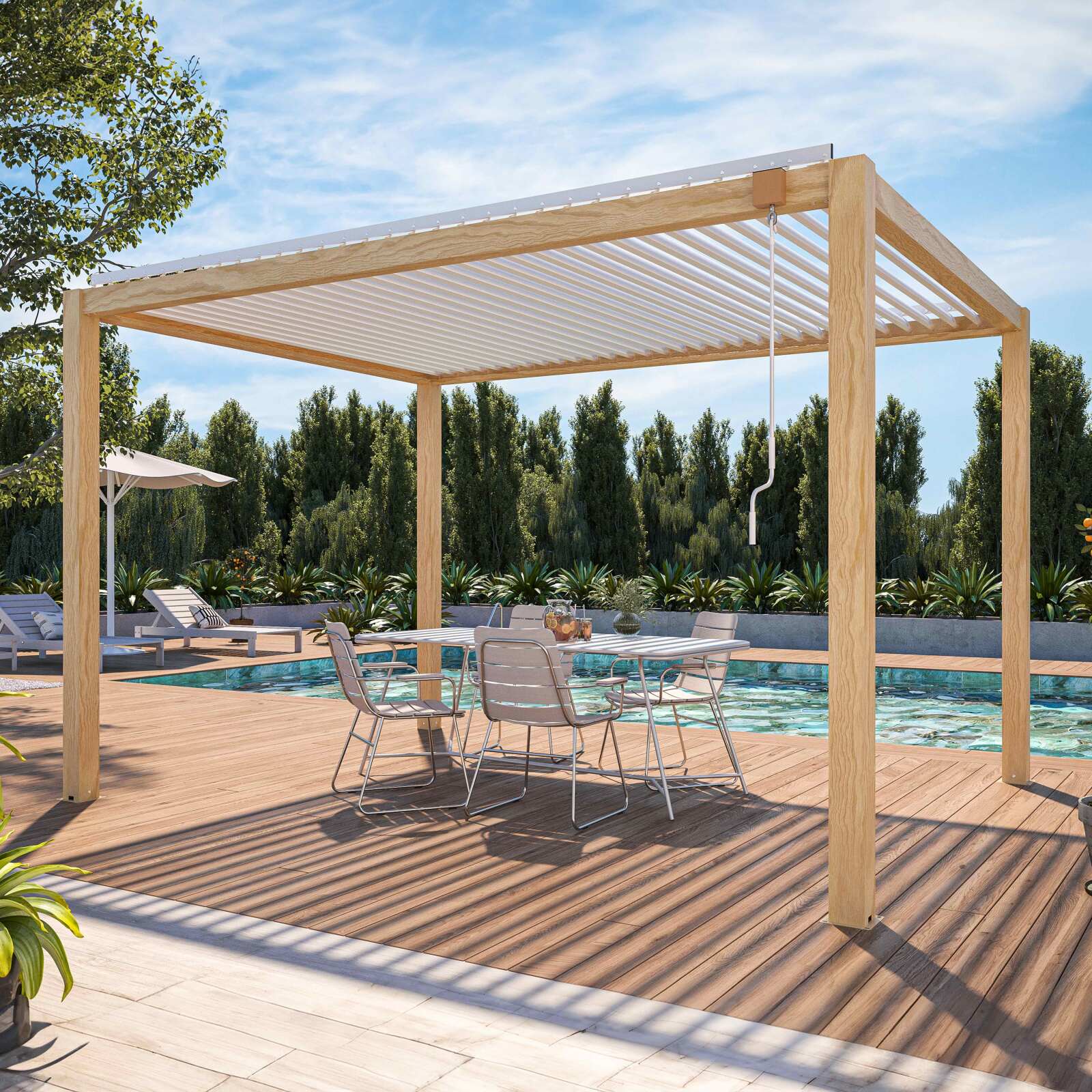 Pérgola bioclimática autoportante de aluminio blanco de 3 x 4 m con decoración de madera y 1, 2 ó 3 pantallas