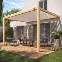 Pérgola bioclimática 3 x 4 m de aluminio blanco con decoración de madera y 1 toldo
