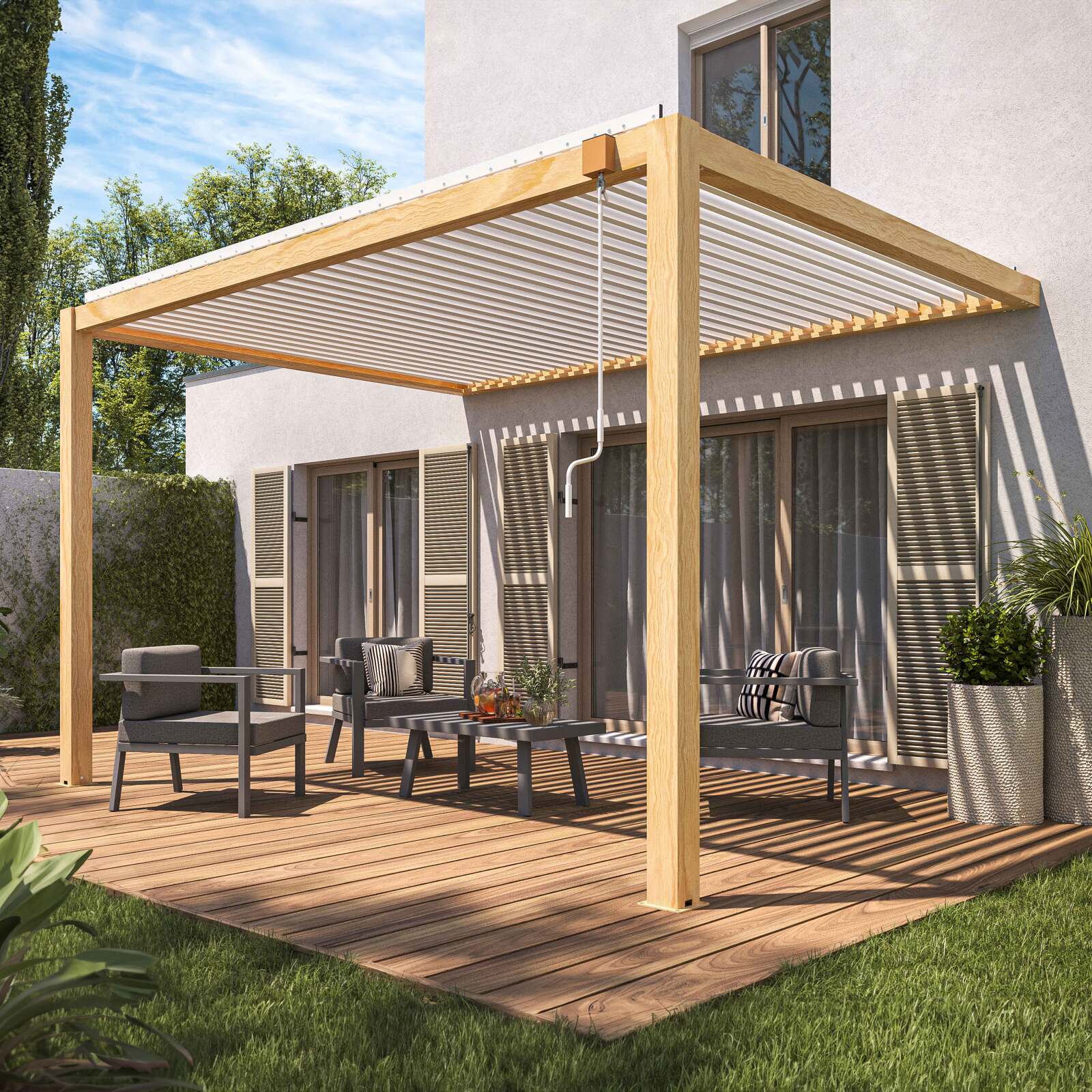 Pérgola bioclimática 3 x 4 m de aluminio blanco con decoración de madera y 1 toldo