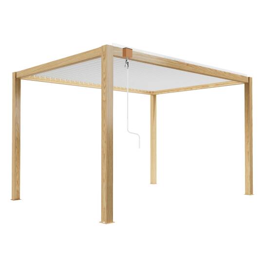 Pérgola bioclimática autoportante de aluminio blanco con decoración de madera de 3 x 4 m con 1, 2 ó 3 toldos