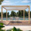 Pérgola bioclimática autoportante de aluminio blanco con decoración de madera de 3 x 4 m con 1, 2 ó 3 toldos