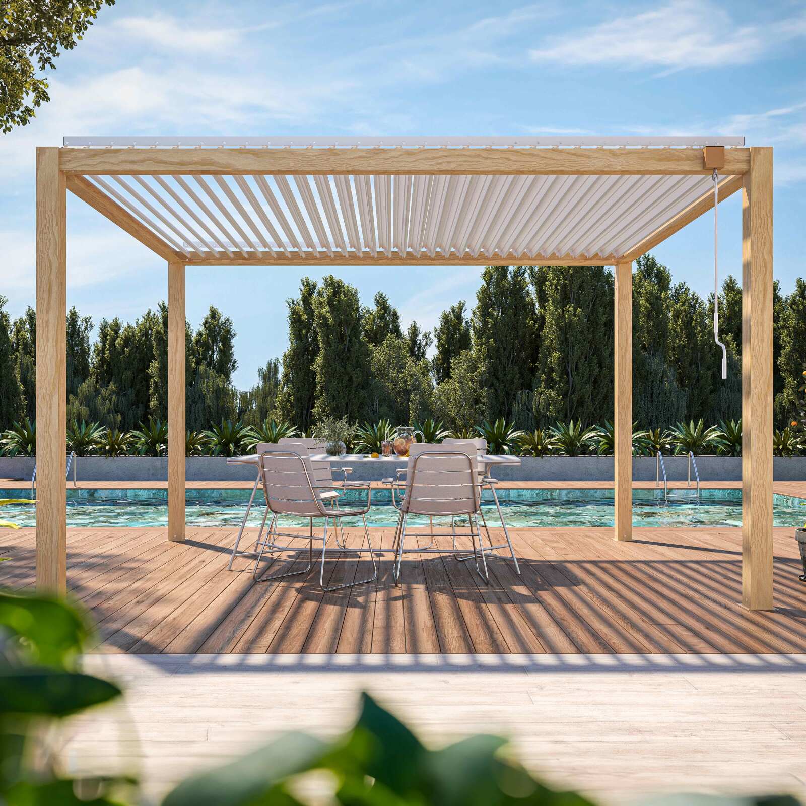 Pérgola bioclimática autoportante de aluminio blanco con decoración de madera de 3 x 4 m con 1, 2 ó 3 toldos