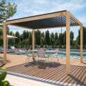 Pérgola bioclimática autoportante de aluminio con decoración de madera de 3 x 4 m con 1, 2 ó 3 toldos