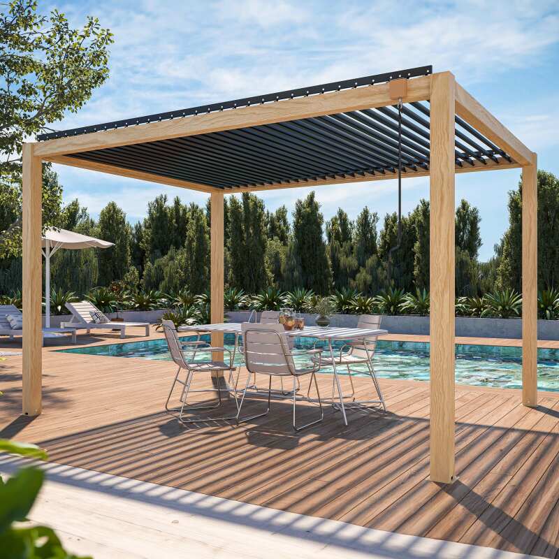 Pérgola bioclimática autoportante de aluminio con decoración de madera de 3 x 4 m con 1, 2 ó 3 toldos
