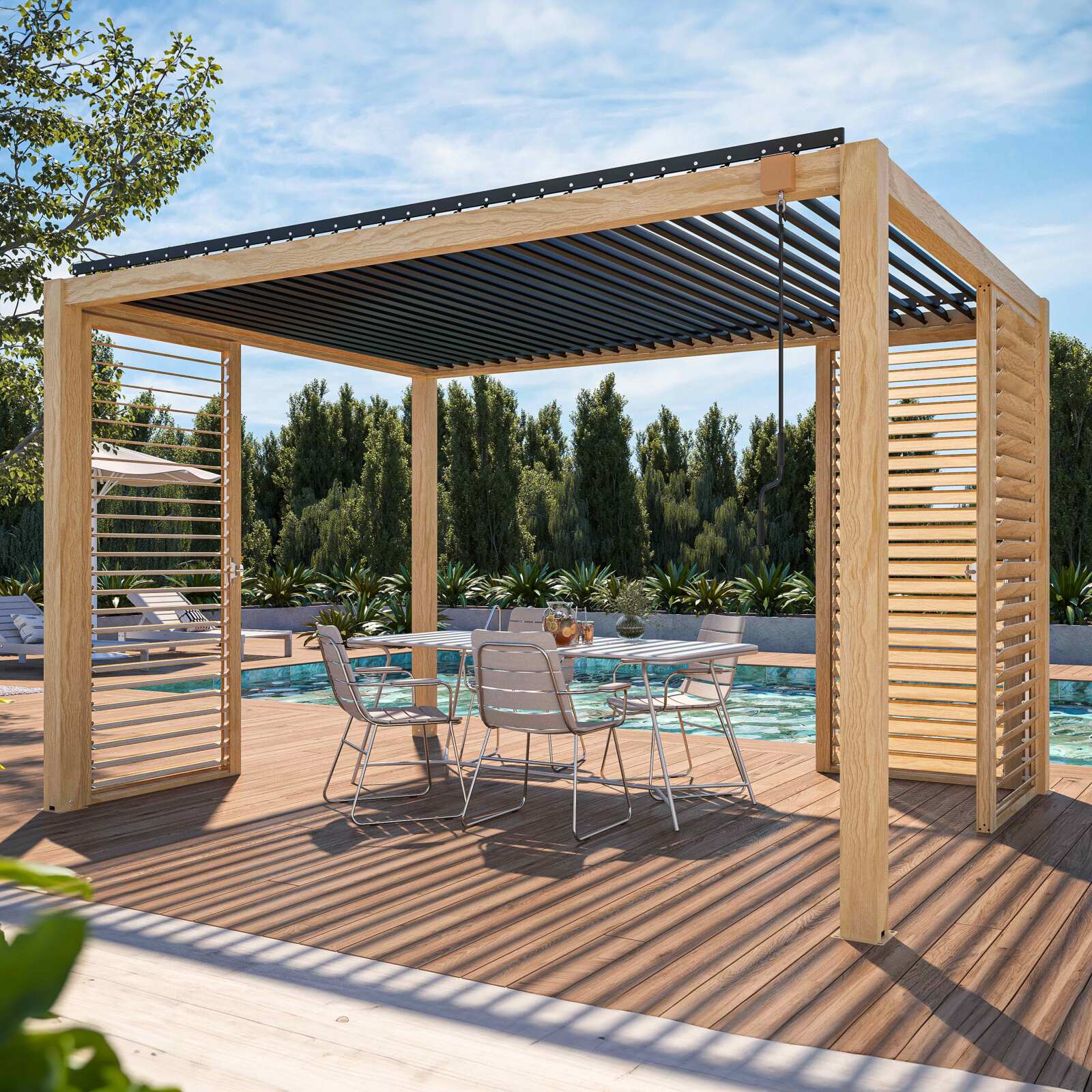 Pérgola bioclimática autoportante de aluminio de 3 x 4 m con decoración de madera y 1, 2 ó 3 pantallas