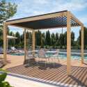 Pérgola bioclimática autoportante de aluminio de 3 x 4 m con decoración de madera y 1, 2 ó 3 pantallas