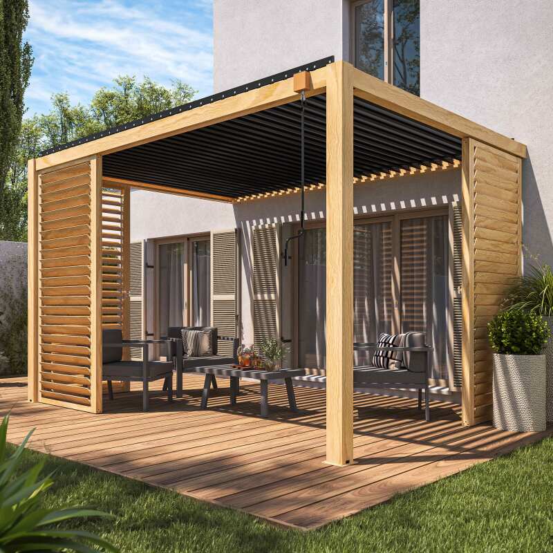 Pérgola bioclimática autoportante de aluminio de 3 x 4 m con decoración de madera y 1, 2 ó 3 pantallas (2/3)