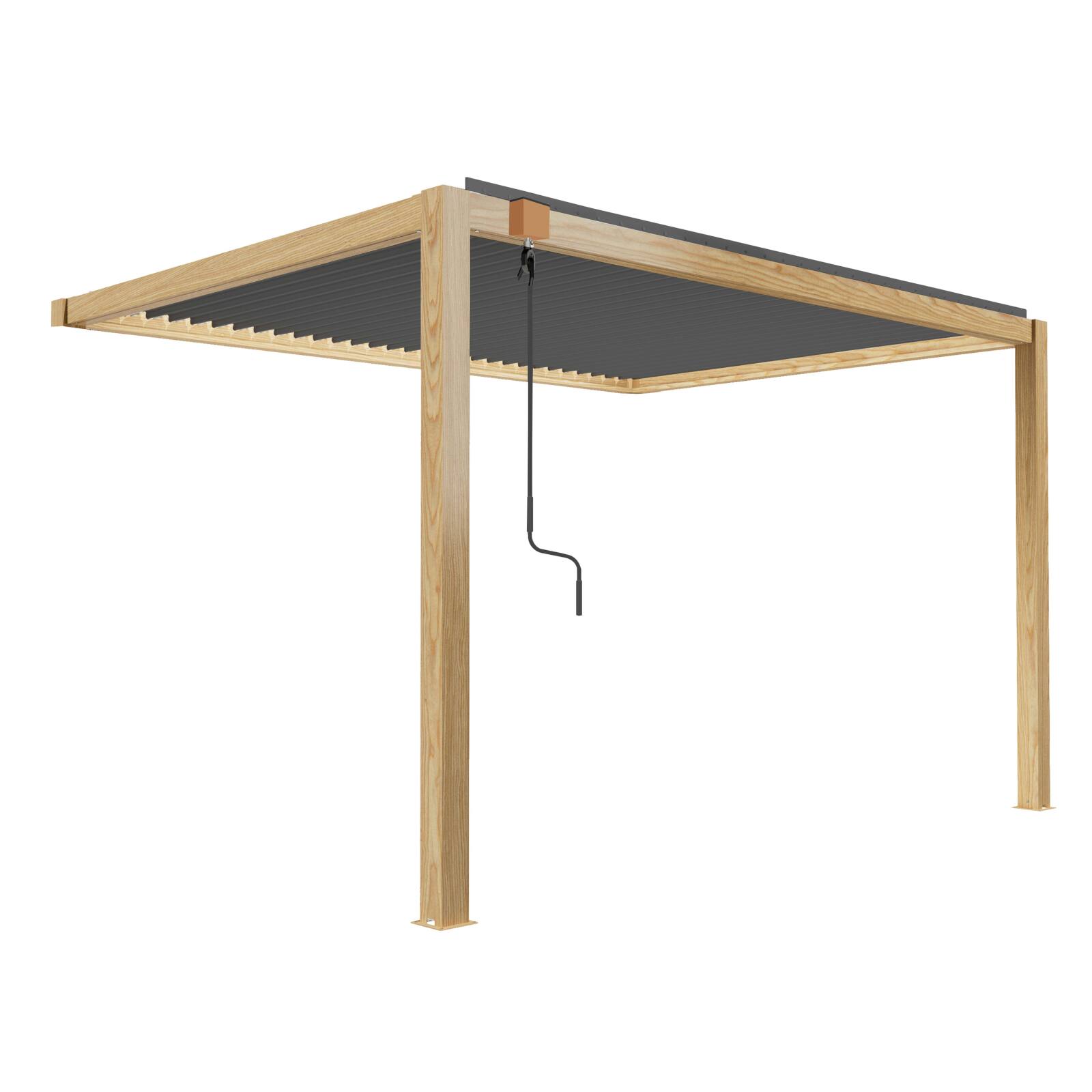 Pérgola bioclimática de aluminio de 3 x 4 m con decoración de madera y 1 toldo Pérgola bioclimática de aluminio de 3 x 4 m con decoración de madera y 1 toldo