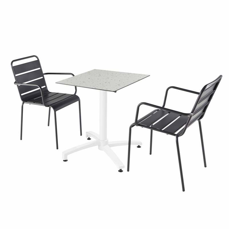 Mesa de laminado reclinable de 60x60 cm con pie blanco y sillas de metal