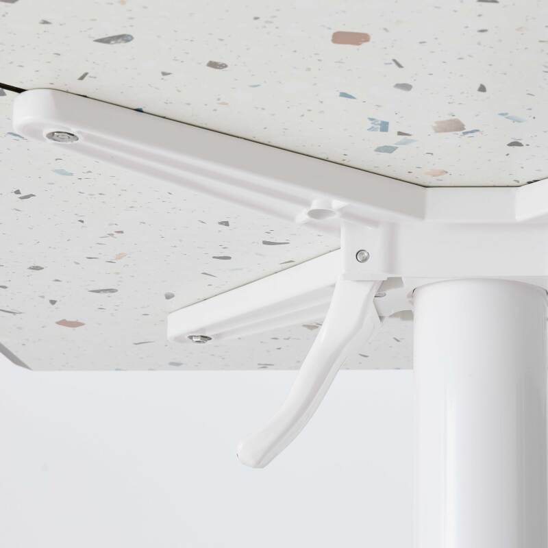 Mesa de laminado reclinable de 60x60 cm con pie blanco y sillas de metal