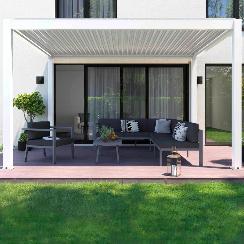 Pérgola bioclimática motorizada de aluminio blanco 3x4m con iluminación LED