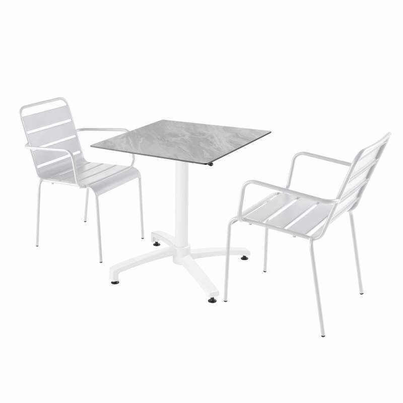 Mesa reclinable laminada de 70x70 cm con pie blanco y sillas de metal