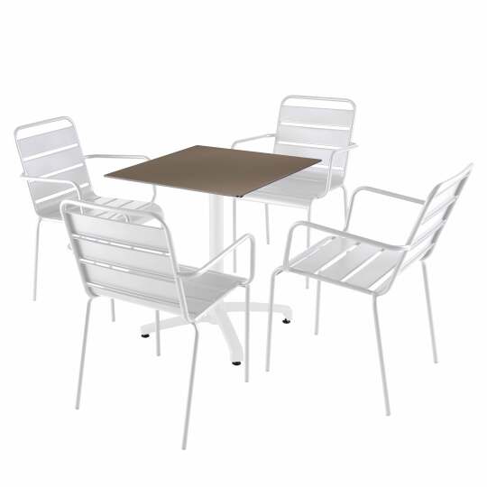 Mesa de jardín cuadrada inclinable de aluminio blanco y HPL 70x70 cm y 2 sillas de metal | Oviala