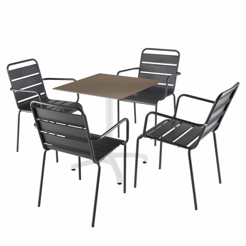 Mesa reclinable laminada de 70x70 cm con pie blanco y sillas de metal
