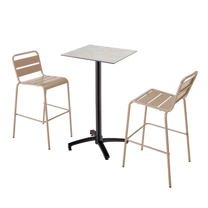 Mesa reclinable laminada de 60x60 cm de altura con pata negra y sillas de metal