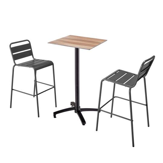Mesa reclinable laminada de 60x60 cm de altura con pata negra y sillas de metal