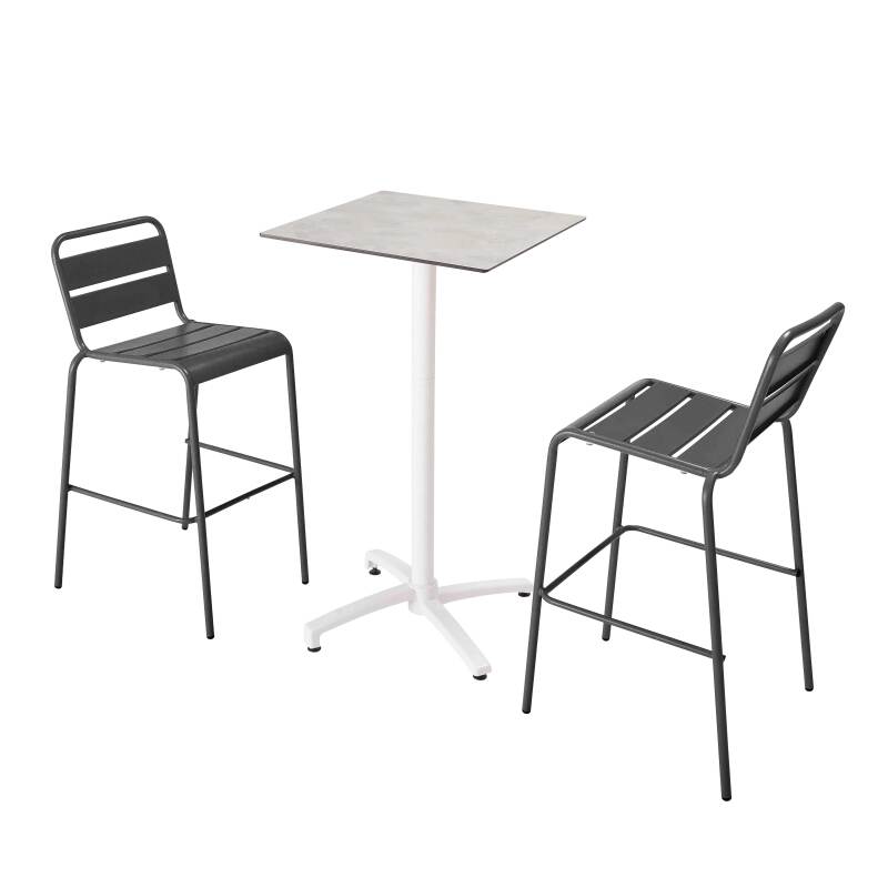 Mesa reclinable laminada de 60x60 cm de altura con pata blanca y sillas de metal