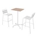Mesa reclinable laminada de 60x60 cm de altura con pata blanca y sillas de metal