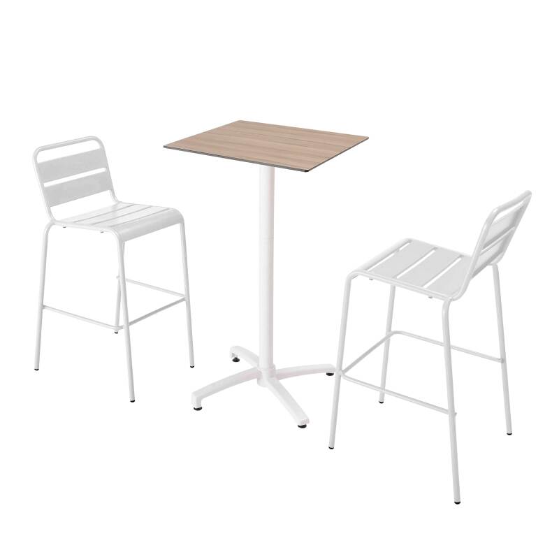 Mesa reclinable laminada de 60x60 cm de altura con pata blanca y sillas de metal