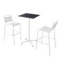 Mesa reclinable laminada de 60x60 cm de altura con pata blanca y sillas de metal