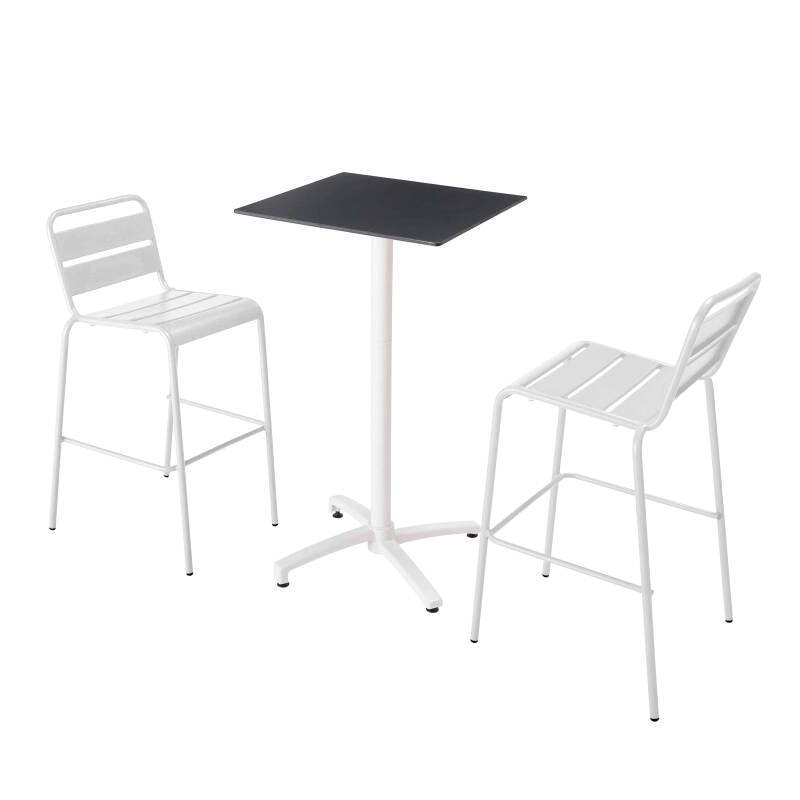 Mesa reclinable laminada de 60x60 cm de altura con pata blanca y sillas de metal