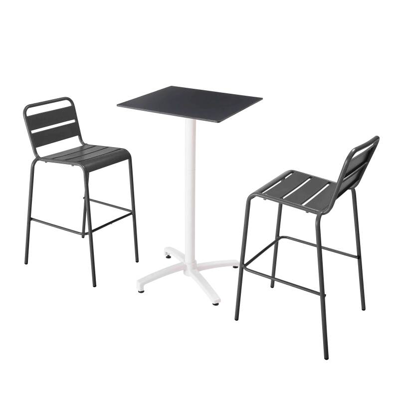 Mesa reclinable laminada de 60x60 cm de altura con pata blanca y sillas de metal