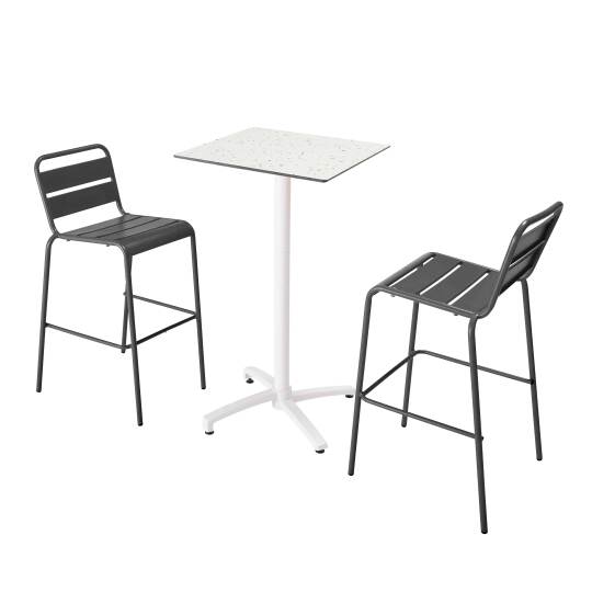 Mesa reclinable laminada de 60x60 cm de altura con pata blanca y sillas de metal