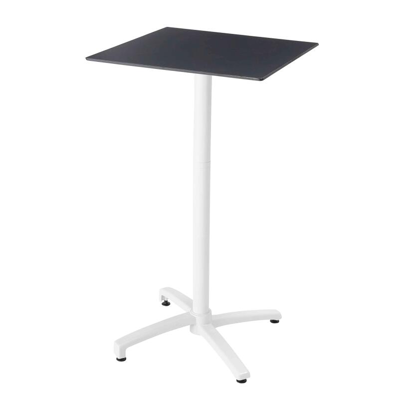 Mesa reclinable laminada de 60x60 cm de altura con pata blanca y sillas de metal