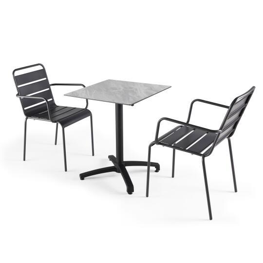 Mesa de jardín cuadrada inclinable de aluminio negro y HPL 60x60 cm y 2 sillas con reposabrazos de metal | Oviala