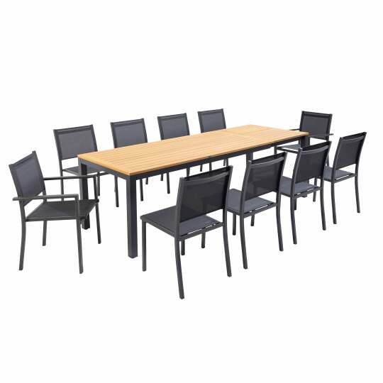 Mesa de jardín extensible de aluminio y madera de eucalipto FSC® 180/240x89 cm y 10 sillas de textilene | Oviala