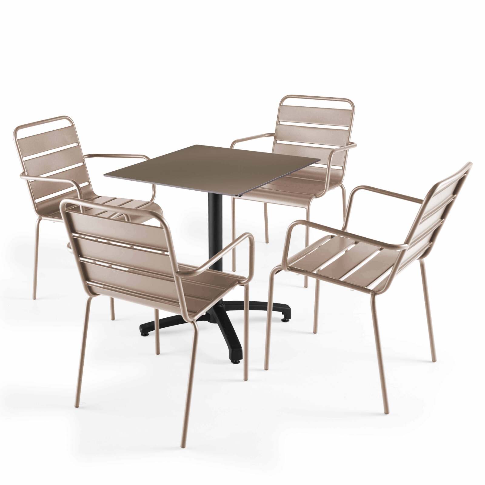 Mesa reclinable laminada de 70x70 cm con pie negro y sillas de metal