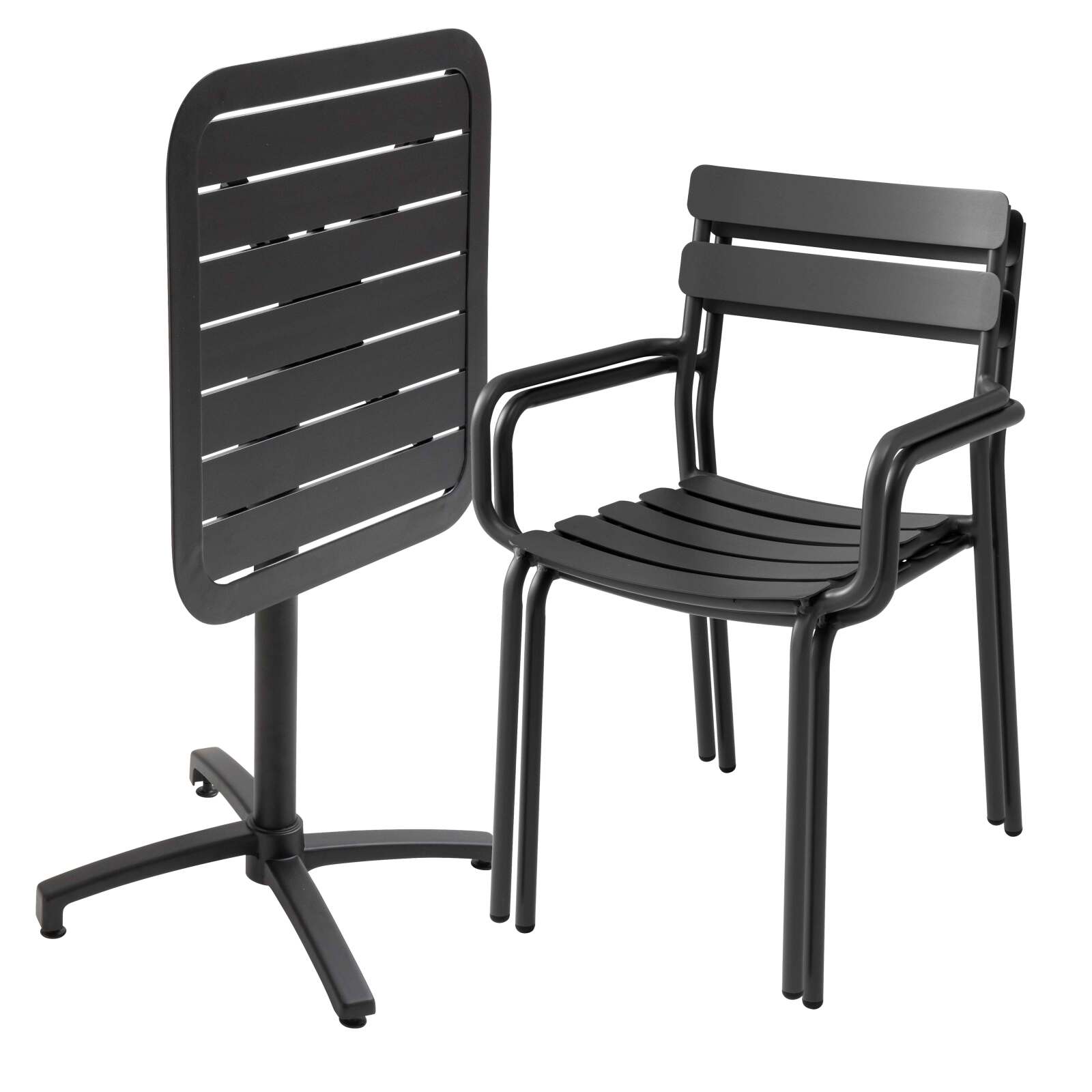 Mesa de terraza de aluminio reclinable 70x70 cm y 2 sillas con reposabrazos