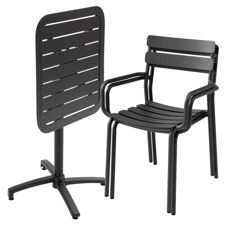 Mesa de terraza de aluminio reclinable 70x70 cm y 2 sillas con reposabrazos