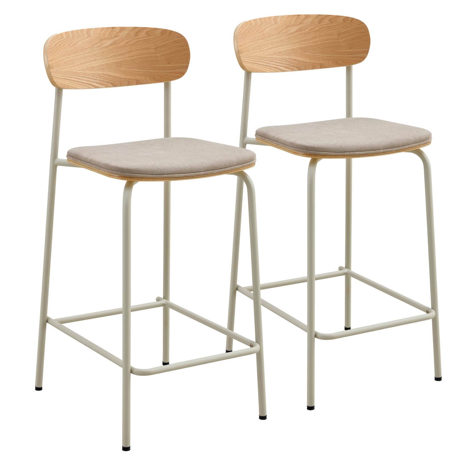 Lote de 2 sillas altas de metal, madera y tela