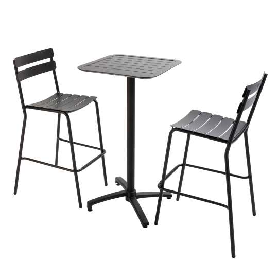 Mesa alta de jardín bistro cuadrada inclinable de aluminio 60x60 cm y 2 sillas altas | Oviala