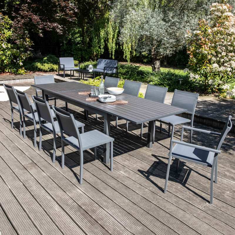 Mesa de jardín rectangular extensible de aluminio/madera contrachapada con 8 sillas y 2 sillas con reposabrazos