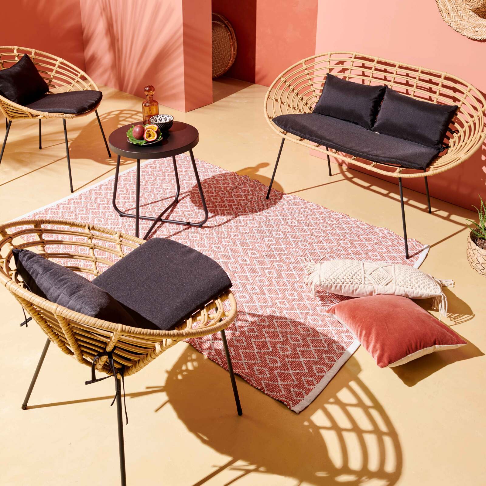 Salón de jardín de ratán de imitación con 1 sofá + 2 sillones y 1 mesa de centro