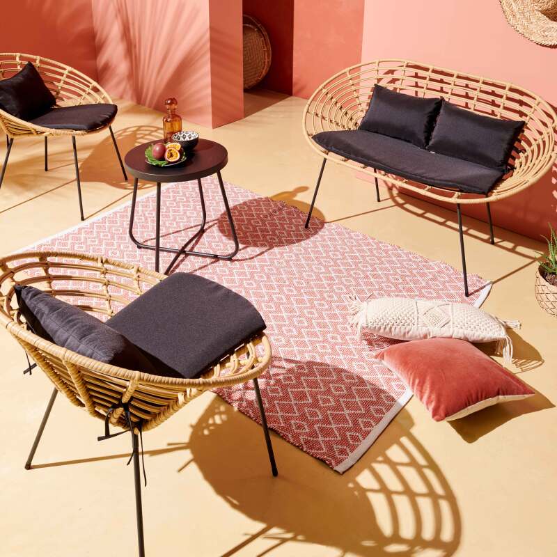 Salón de jardín de ratán de imitación con 1 sofá + 2 sillones y 1 mesa de centro