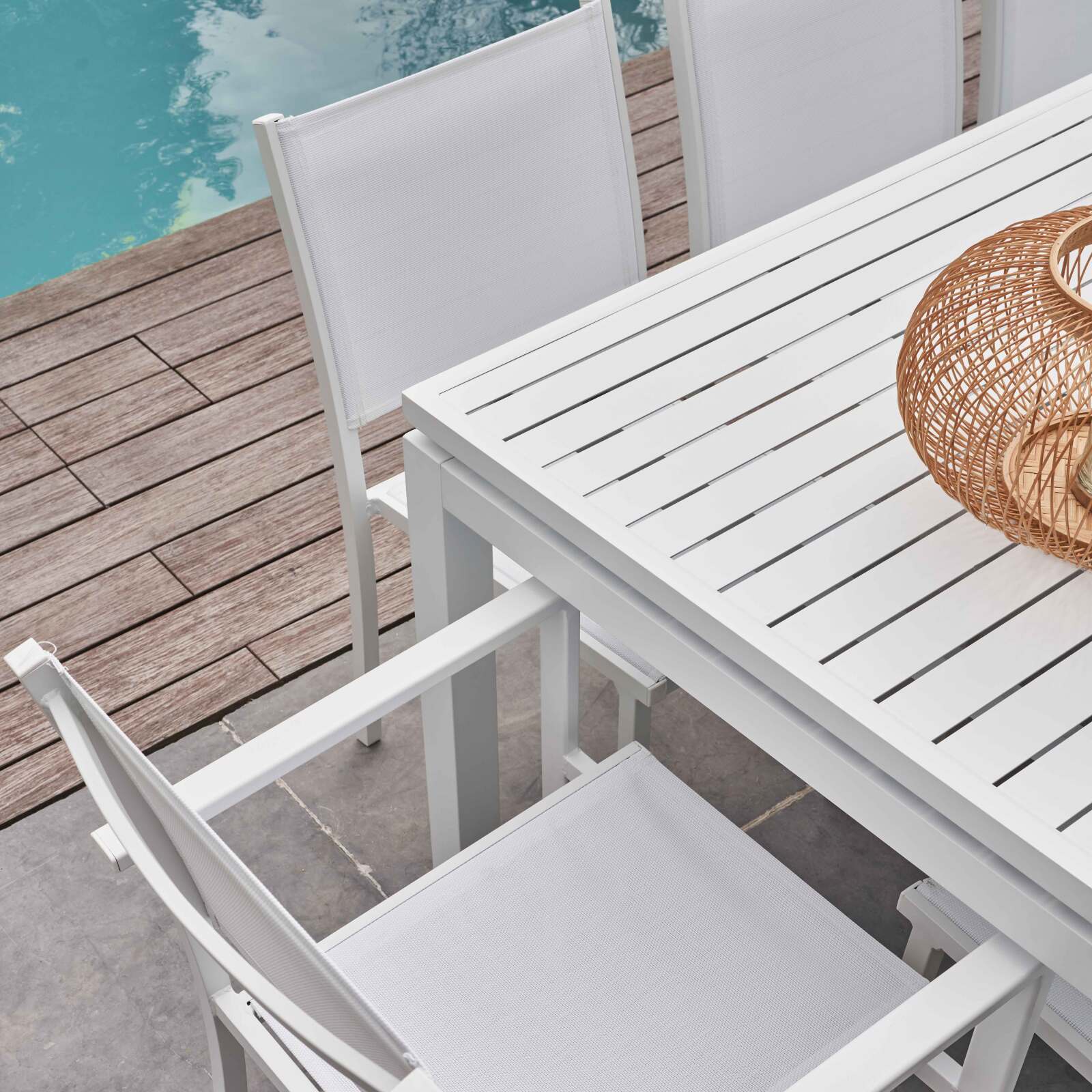 Mesa de jardín rectangular extensible de aluminio con 6 sillas y 2 sillas con reposabrazos