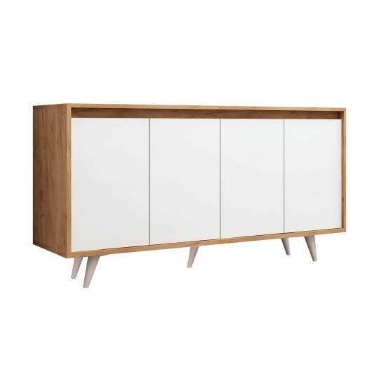 Aparador escandinavo blanco y madera 4 puertas 140 cm | Oviala