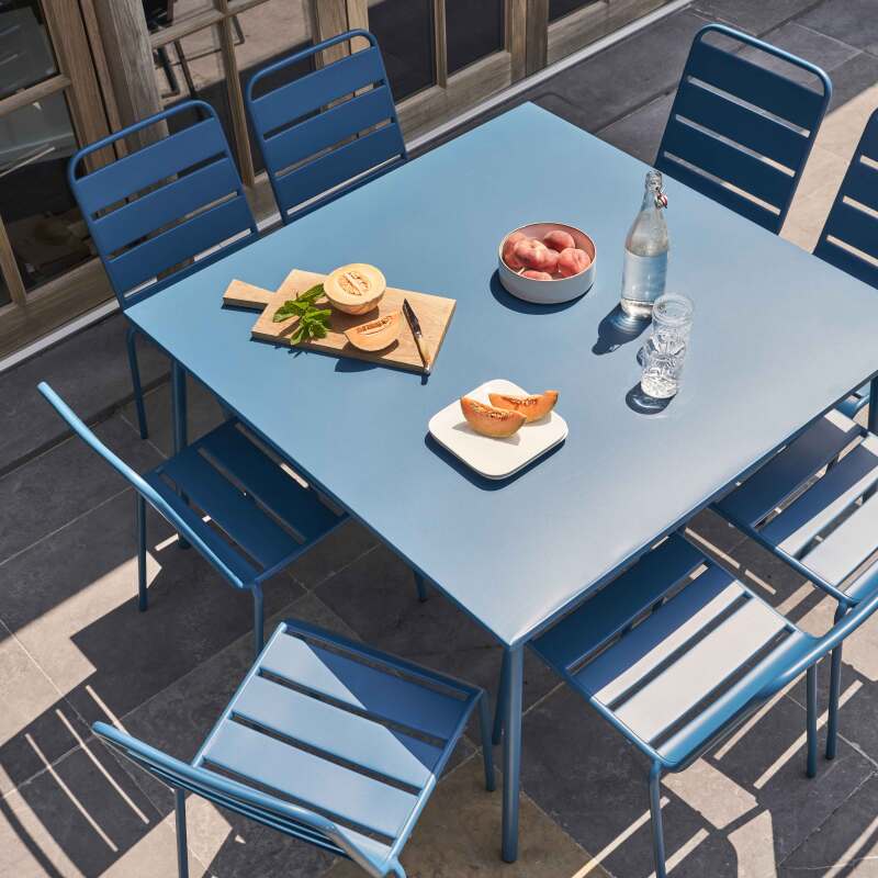 Mesa de jardín cuadrada de 120 x 120 cm de metal y 8 sillas de metal