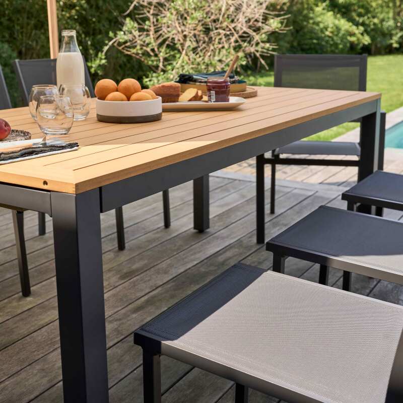 Mesa de jardín extensible rectangular (180/240 x 89 x 74 cm) en aluminio y madera de eucalipto FSC®