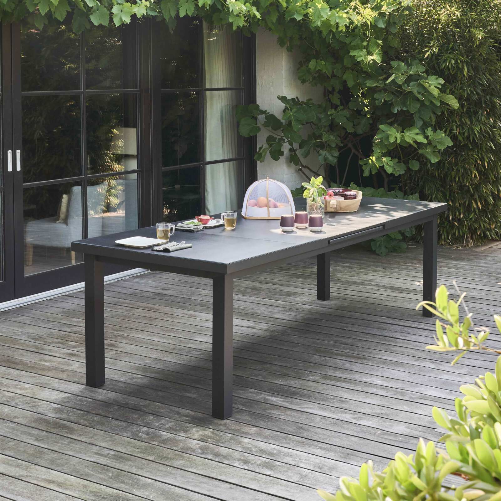 Mesa de jardín extensible rectangular (320 x 100 x 76 cm) en aluminio gris