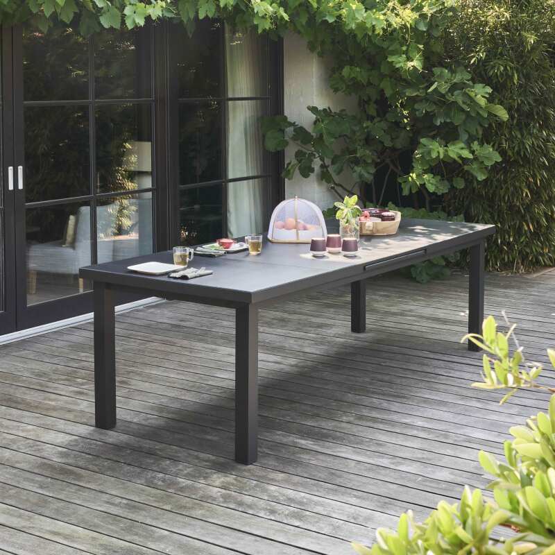 Mesa de jardín extensible rectangular (320 x 100 x 76 cm) en aluminio gris