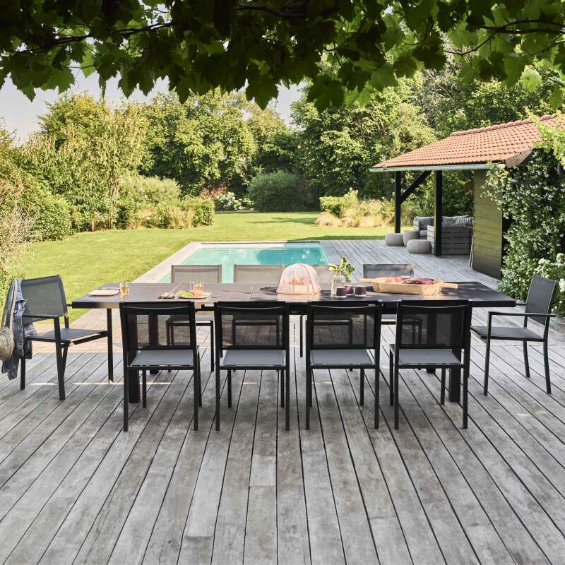 Mesa de jardín rectangular extensible con 8 sillas y 2 sillas con reposabrazos